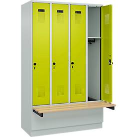 Kleiderspind C+P Evolo Plus, 4 Abteile à 300 mm Breite, Sockel, schwebende Sitzbank, B 1200 x T 815 x H 1950 mm, Drehriegel, lichtgrau/clowngrün