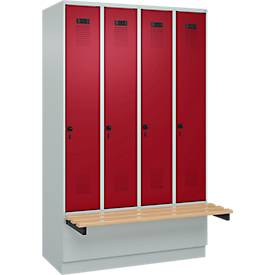 Kleiderspind C+P Evolo Plus, 4 Abteile à 300 mm Breite, Sockel, schwebende Sitzbank, B 1200 x T 815 x H 1950 mm, Drehriegel, lichtgrau/rubinrot