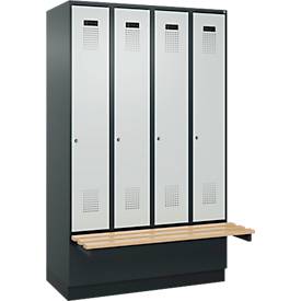 Kleiderspind C+P Evolo Plus, 4 Abteile à 300 mm Breite, Sockel, schwebende Sitzbank, B 1200 x T 815 x H 1950 mm, Zylinder, anthrazitgrau/lichtgrau