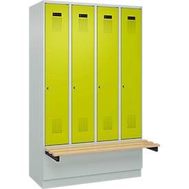 Kleiderspind C+P Evolo Plus, 4 Abteile à 300 mm Breite, Sockel, schwebende Sitzbank, B 1200 x T 815 x H 1950 mm, Zylinder, lichtgrau/clowngrün