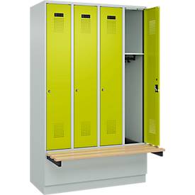 Kleiderspind C+P Evolo Plus, 4 Abteile à 300 mm Breite, Sockel, schwebende Sitzbank, B 1200 x T 815 x H 1950 mm, Zylinder, lichtgrau/clowngrün