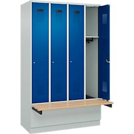 Kleiderspind C+P Evolo Plus, 4 Abteile à 300 mm Breite, Sockel, schwebende Sitzbank, B 1200 x T 815 x H 1950 mm, Zylinder, lichtgrau/enzianblau
