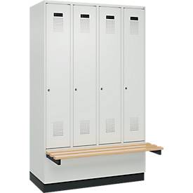 Kleiderspind C+P Evolo Plus, 4 Abteile à 300 mm Breite, Sockel, schwebende Sitzbank, B 1200 x T 815 x H 1950 mm, Zylinder, lichtgrau/lichtgrau