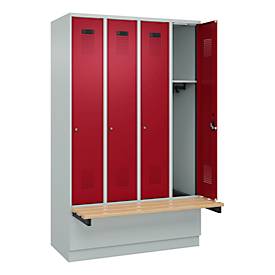 Kleiderspind C+P Evolo Plus, 4 Abteile à 300 mm Breite, Sockel, schwebende Sitzbank, B 1200 x T 815 x H 1950 mm, Zylinder, lichtgrau/rubinrot