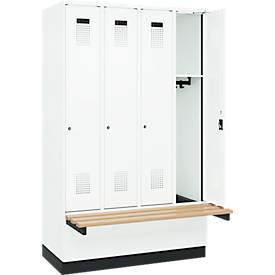 Kleiderspind C+P Evolo Plus, 4 Abteile à 300 mm Breite, Sockel, schwebende Sitzbank, B 1200 x T 815 x H 1950 mm, Zylinder, verkehrsweiß/verkehrsweiß