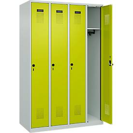 Kleiderspind C+P Evolo Plus, 4 Abteile, Anschlag rechts, Sicherheits-Drehriegel, B 1200 x T 500 x H 1850 mm, lichtgrau/clowngrün