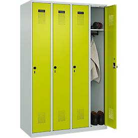 Kleiderspind C+P Evolo Plus, 4 Abteile, Anschlag rechts, Sicherheits-Drehriegel, B 1200 x T 500 x H 1850 mm, lichtgrau/clowngrün
