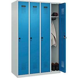 Kleiderspind C+P Evolo Plus, 4 Abteile, Anschlag rechts, Sicherheits-Drehriegel, B 1200 x T 500 x H 1850 mm, lichtgrau/lichtblau
