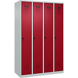 Kleiderspind C+P Evolo Plus, 4 Abteile, Anschlag rechts, Sicherheits-Drehriegel, B 1200 x T 500 x H 1850 mm, lichtgrau/rubinrot