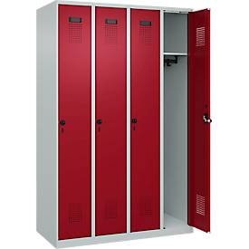 Kleiderspind C+P Evolo Plus, 4 Abteile, Anschlag rechts, Sicherheits-Drehriegel, B 1200 x T 500 x H 1850 mm, lichtgrau/rubinrot