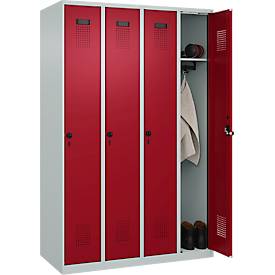 Kleiderspind C+P Evolo Plus, 4 Abteile, Anschlag rechts, Sicherheits-Drehriegel, B 1200 x T 500 x H 1850 mm, lichtgrau/rubinrot