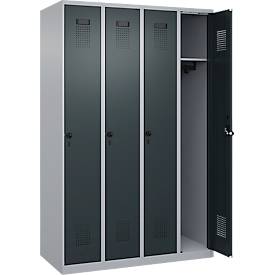 Kleiderspind C+P Evolo Plus, 4 Abteile, Anschlag rechts, Sicherheits-Drehriegel, B 1200 x T 500 x H 1850 mm, weißaluminium/anthrazitgrau