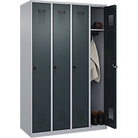 Kleiderspind C+P Evolo Plus, 4 Abteile, Anschlag rechts, Sicherheits-Drehriegel, B 1200 x T 500 x H 1850 mm, weißaluminium/anthrazitgrau