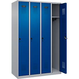 Kleiderspind C+P Evolo Plus, 4 Abteile, Anschlag rechts, Sicherheits-Drehriegel, B 1200 x T 500 x H 1850 mm, weißaluminium/enzianblau