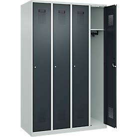 Kleiderspind C+P Evolo Plus, 4 Abteile, Anschlag rechts, Zylinderschloss, Soft-Anschlag, B 1200 x T 500 x H 1850 mm, lichtgrau/anthrazitgrau