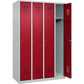 Kleiderspind C+P Evolo Plus, 4 Abteile, Anschlag rechts, Zylinderschloss, Soft-Anschlag, B 1200 x T 500 x H 1850 mm, lichtgrau/rubinrot