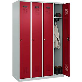 Kleiderspind C+P Evolo Plus, 4 Abteile, Anschlag rechts, Zylinderschloss, Soft-Anschlag, B 1200 x T 500 x H 1850 mm, lichtgrau/rubinrot