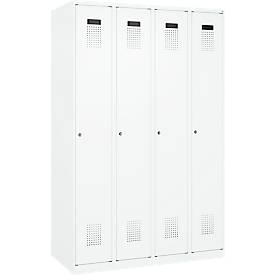 Kleiderspind C+P Evolo Plus, 4 Abteile, Anschlag rechts, Zylinderschloss, Soft-Anschlag, B 1200 x T 500 x H 1850 mm, verkehrsweiß/verkehrsweiß