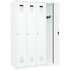 Kleiderspind C+P Evolo Plus, 4 Abteile, Anschlag rechts, Zylinderschloss, Soft-Anschlag, B 1200 x T 500 x H 1850 mm, verkehrsweiß/verkehrsweiß