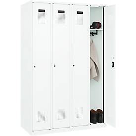 Kleiderspind C+P Evolo Plus, 4 Abteile, Anschlag rechts, Zylinderschloss, Soft-Anschlag, B 1200 x T 500 x H 1850 mm, verkehrsweiß/verkehrsweiß
