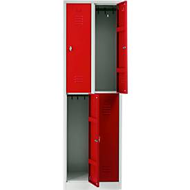 Kleiderspind, doppelstöckig, 2 x 2 Abteile, Drehriegelverschluss, lichtgrau/feuerrot