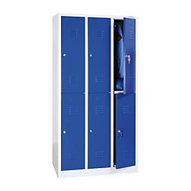 Kleiderspind, doppelstöckig, 2 x 3 Abteile, Zylinderschloss, lichtgrau RAL 7035/enzianblau RAL 5010