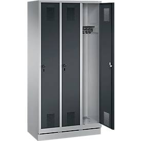 Kleiderspind Evolo S 3000, 3 Abteile, Stahl, Sockelhöhe 100 mm, Sicherheitsdrehriegelverschluss, weißaluminium/anthrazit