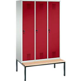 Kleiderspind Evolo S 3000, untergebaute Sitzbank, 3 Abteile, Stahl, Sicherheitsdrehriegelverlschluss, lichtgrau/rubinrot