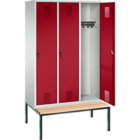 Kleiderspind Evolo S 3000, untergebaute Sitzbank, 3 Abteile, Stahl, Sicherheitsdrehriegelverlschluss, lichtgrau/rubinrot
