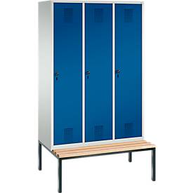 Kleiderspind Evolo S 3000, untergebaute Sitzbank, 3 Abteile, Stahl, Sicherheitsdrehriegelverschluss, lichtgrau/enzianblau