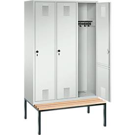 Kleiderspind Evolo S 3000, untergebaute Sitzbank, 3 Abteile, Stahl, Sicherheitsdrehriegelverschluss, lichtgrau/lichtgrau