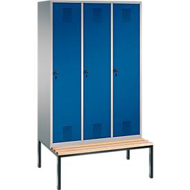 Kleiderspind Evolo S 3000, untergebaute Sitzbank, 3 Abteile, Stahl, Sicherheitsdrehriegelverschluss, weißaluminium/enzianblau