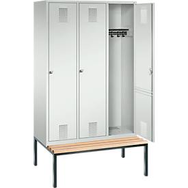 Kleiderspind Evolo S 3000, untergebaute Sitzbank, 3 Abteile, Stahl, Zylinderschloss, lichtgrau/lichtgrau