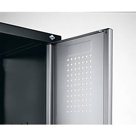 Kleiderspind Evolo S 3000, untergebaute Sitzbank, 3 Abteile, Stahl, Zylinderschloss, lichtgrau/lichtgrau