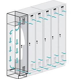 Kleiderspind Evolo S 3000, untergebaute Sitzbank, 3 Abteile, Stahl, Zylinderschloss, lichtgrau/lichtgrau