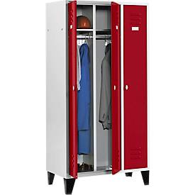 Kleiderspind mit 3 Abteilen, 300 mm, Drehriegelverschluss, mit Füßen, Tür rubinrot