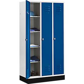 Kleiderspind mit 3 Abteilen, 300 mm, Drehriegelverschluss, mit Sockel, Tür enzianblau