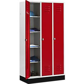 Kleiderspind mit 3 Abteilen, 300 mm, Drehriegelverschluss, mit Sockel, Tür rubinrot