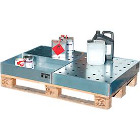 Kleingebindewanne Bauer KGW-P 3/M, Volumen 71 l, bis 200 kg, mit Lochblechrost, B 1200 x T 800 x H 100 mm, Stahl verzinkt