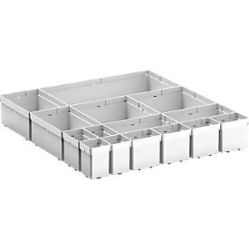 Kleinteileboxen bott verso, für Schubladen, Set aus 15 Boxen, für Fronthöhe 100/125 mm, B 525 x T 550 x H 77 mm, Stahlblech
