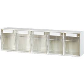 Kleinteilemagazin MultiStore, Reihengröße 5, B 600 x T 110 x H 164 mm, Volumen 5,3 l, stapelbar, Polystyrol, weiß/transp.