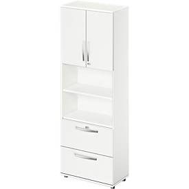 Kombischrank LOGIN, oben 2 Ordnerhöhen mit Türen, Mitte 2 OH Regale, unten 2 HR-Schübe