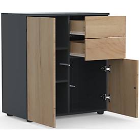 Kommode Dalosa, 4 Fächer & 2 Schübe, Tür, B 700 x T 390 x H 770 mm, Holz, anthrazit/Honig-Eiche