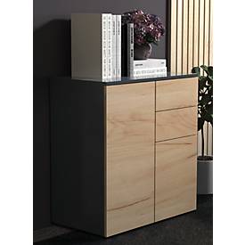 Kommode Dalosa, 4 Fächer & 2 Schübe, Tür, B 700 x T 390 x H 770 mm, Holz, anthrazit/Honig-Eiche