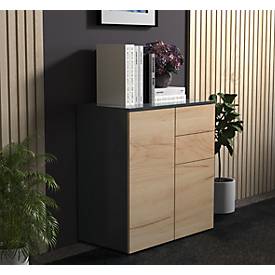 Kommode Dalosa, 4 Fächer & 2 Schübe, Tür, B 700 x T 390 x H 770 mm, Holz, anthrazit/Honig-Eiche