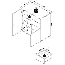 Kommode Dalosa, 4 Fächer & 2 Schübe, Tür, B 700 x T 390 x H 770 mm, Holz, weiß