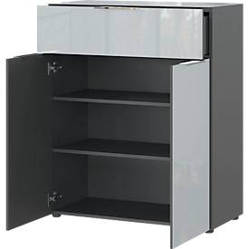 Kommode, mit 1 Schublade und 2 Türen, Glasfront- und auflage, B 830 x T 420 x H 1020 mm, graphit/silbergrau