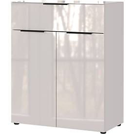 Kommode, mit 1 Schublade und 2 Türen, Glasfront- und auflage, B 830 x T 420 x H 1020 mm, Kaschmir