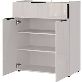 Kommode, mit 1 Schublade und 2 Türen, Glasfront- und auflage, B 830 x T 420 x H 1020 mm, Kaschmir