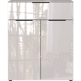 Kommode, mit 1 Schublade und 2 Türen, Glasfront- und auflage, B 830 x T 420 x H 1020 mm, Kaschmir